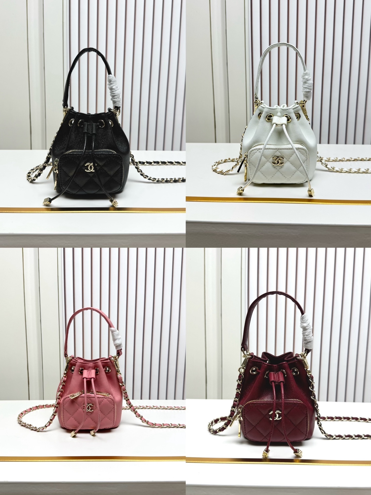 シャネル 25B バケツバッグ｜クリームホワイト×クラシックダイヤモンドキルト｜ミニダブルCロゴ×抽繩福袋デザイン｜南仏ヴァカンス感を叶える3WAYチェーン背法