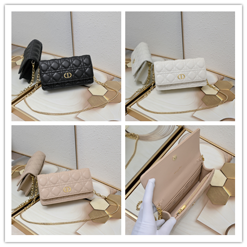 ディオール Dior Caro チェーンショルダーバッグ｜本季新作｜ホワイトソフトカーフレザー×グログラン縫製｜ヴィンテージゴールドCDロゴ｜取り外し可能CDチェーン