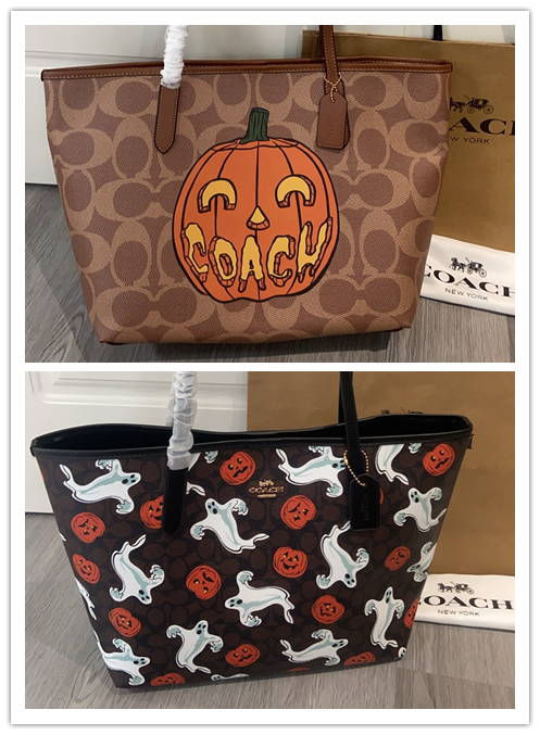 コーチ ハロウィン限定 33プリントトートバッグ CCE70｜2デザイン・鬼面×南瓜プリント｜ブラック×ツイード・33×16×29cm・大容量｜不気味だけど愛らしい・節日の雰囲気満載