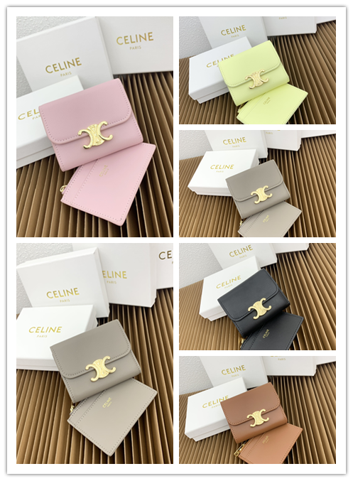 CELINE 光沢小牛皮 小型ウォレット｜コインポーチ付き トライアンフメタルスタッド留め 4カードスロット＆可拆除ジッパーカードケース（9.5×7.5×3cm）