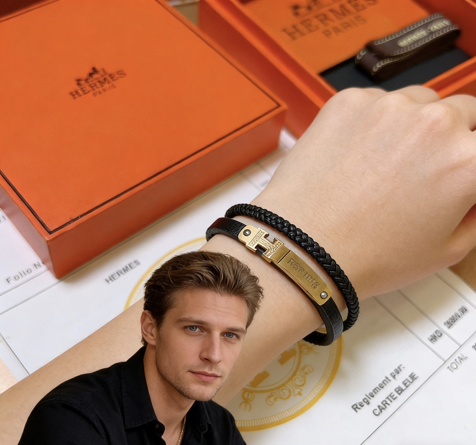 エルメス アンガー・フォレスト シリーズ ブレスレット K18ゴールド＆カーフスキン ヴィンテージ加工 ハンドメイド アクセサリー