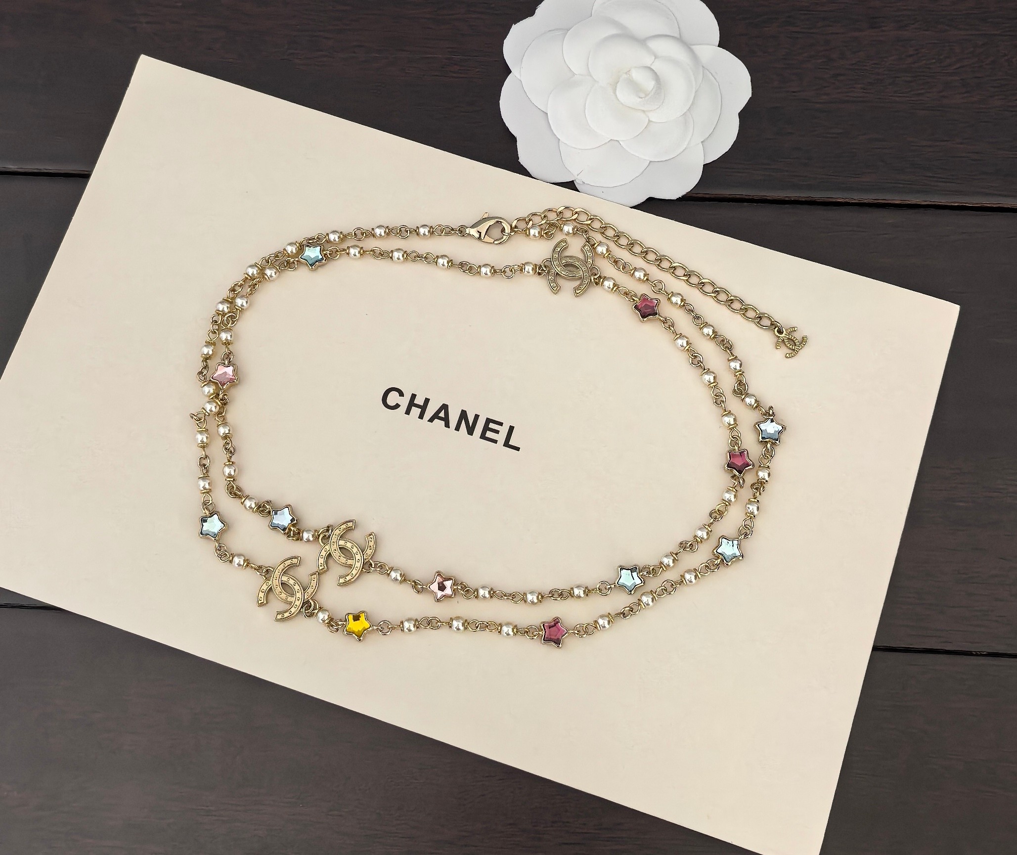 CHANEL シャネル スウェーターチェーン 五芒星 スター カラーダイヤ 真鍮 専柜品質 ZP レディース