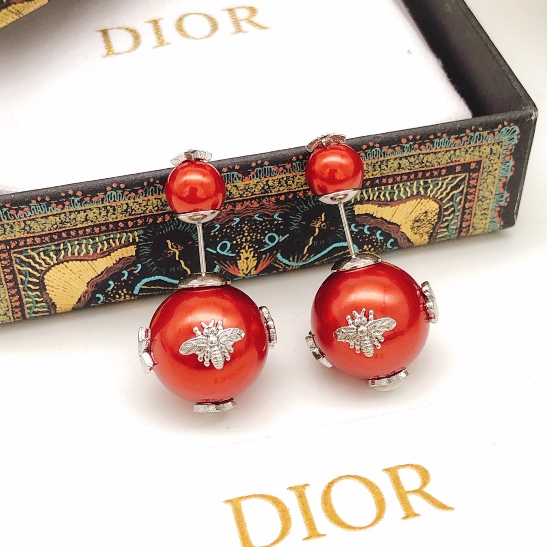 Dior ピアス 新作 赤いミツバチ パール 大小デザイン ゴールド レッド ビジュー レディース おしゃれ 可愛い