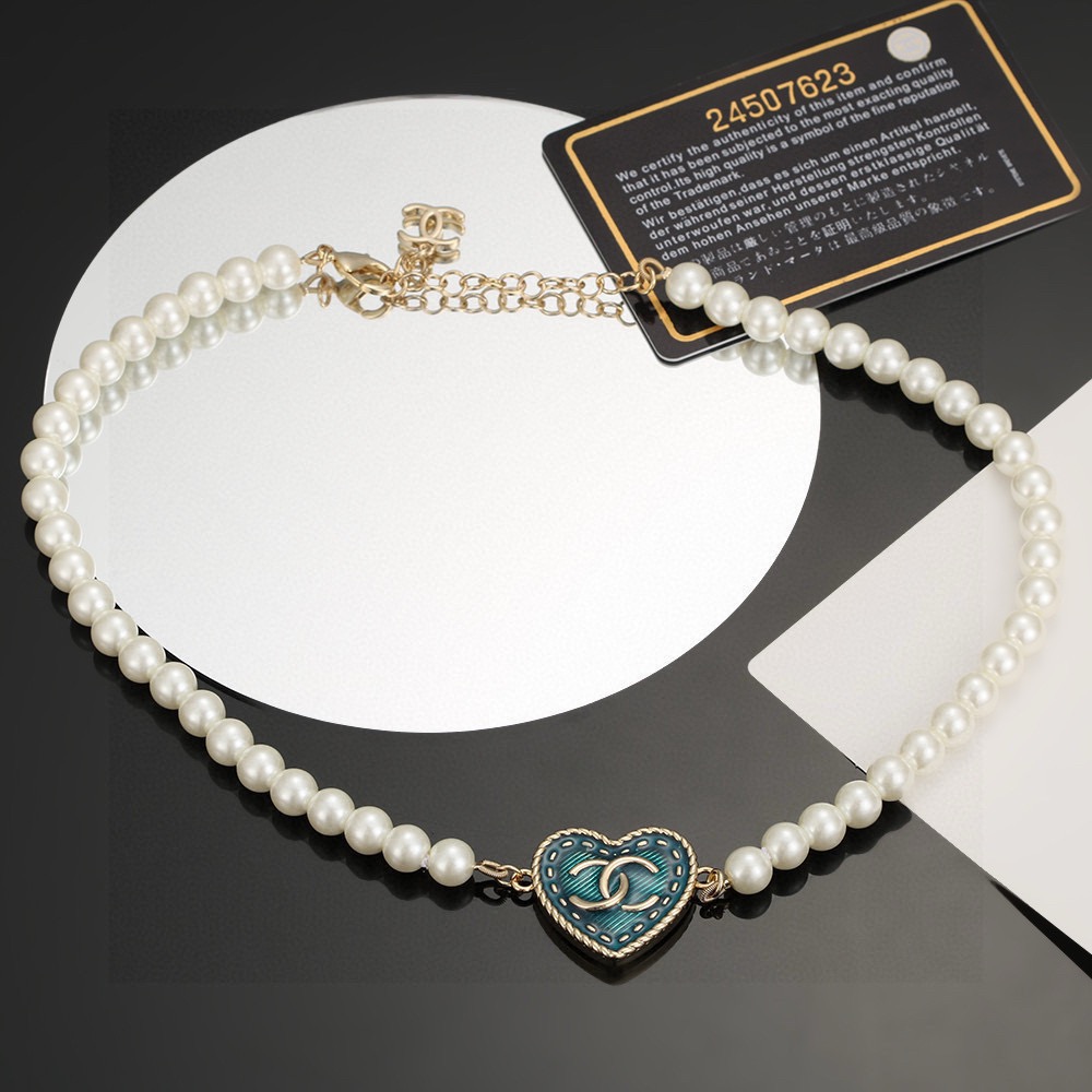 【CHANEL インスパイア】ハート＆リボン ネックレス／ブレスレット｜ヴィンテージブルー パール 小顔効果◎ エレガントな日常使い