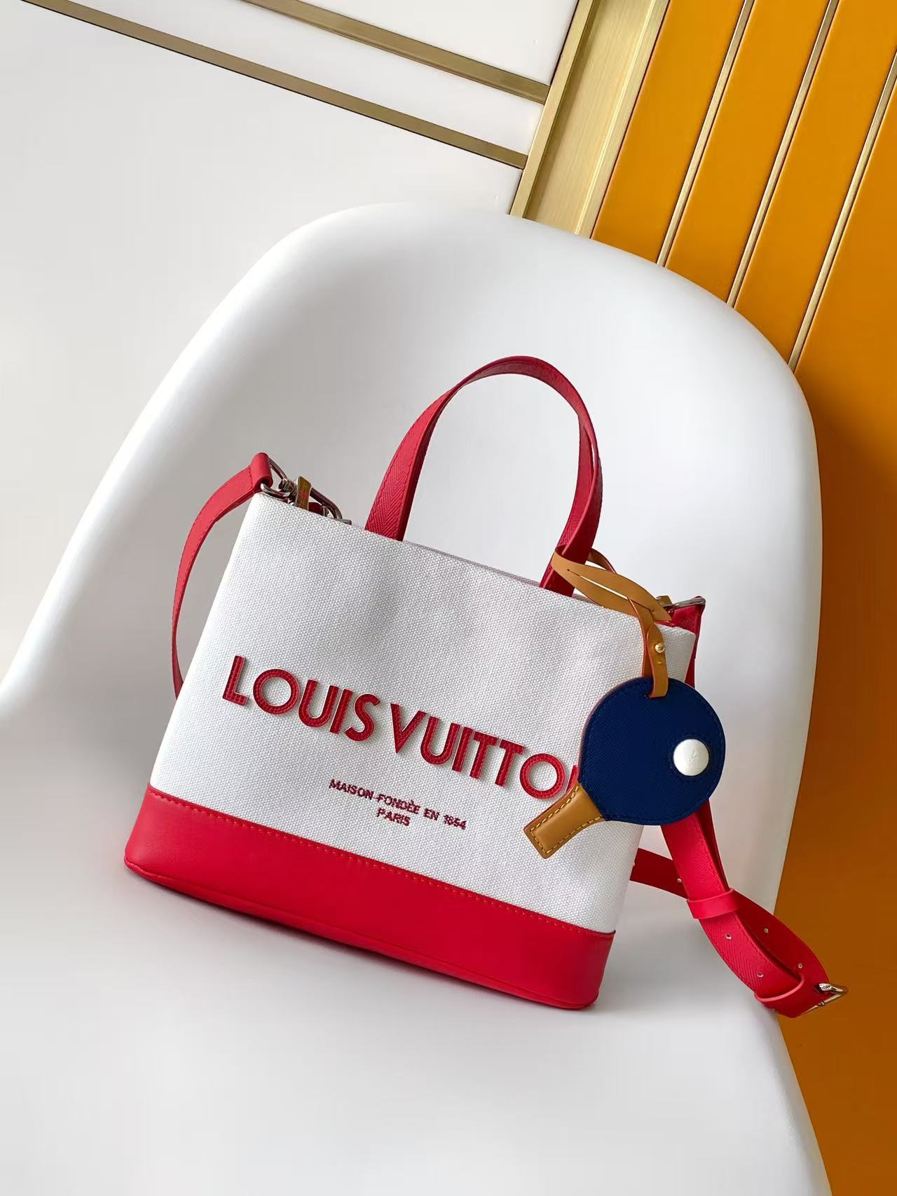 ルイ・ヴィトン ショッパー トート MM ハンドバッグ ✨ コットン×レザー 卓球ラケットモチーフ ルイヴィトン刺繍