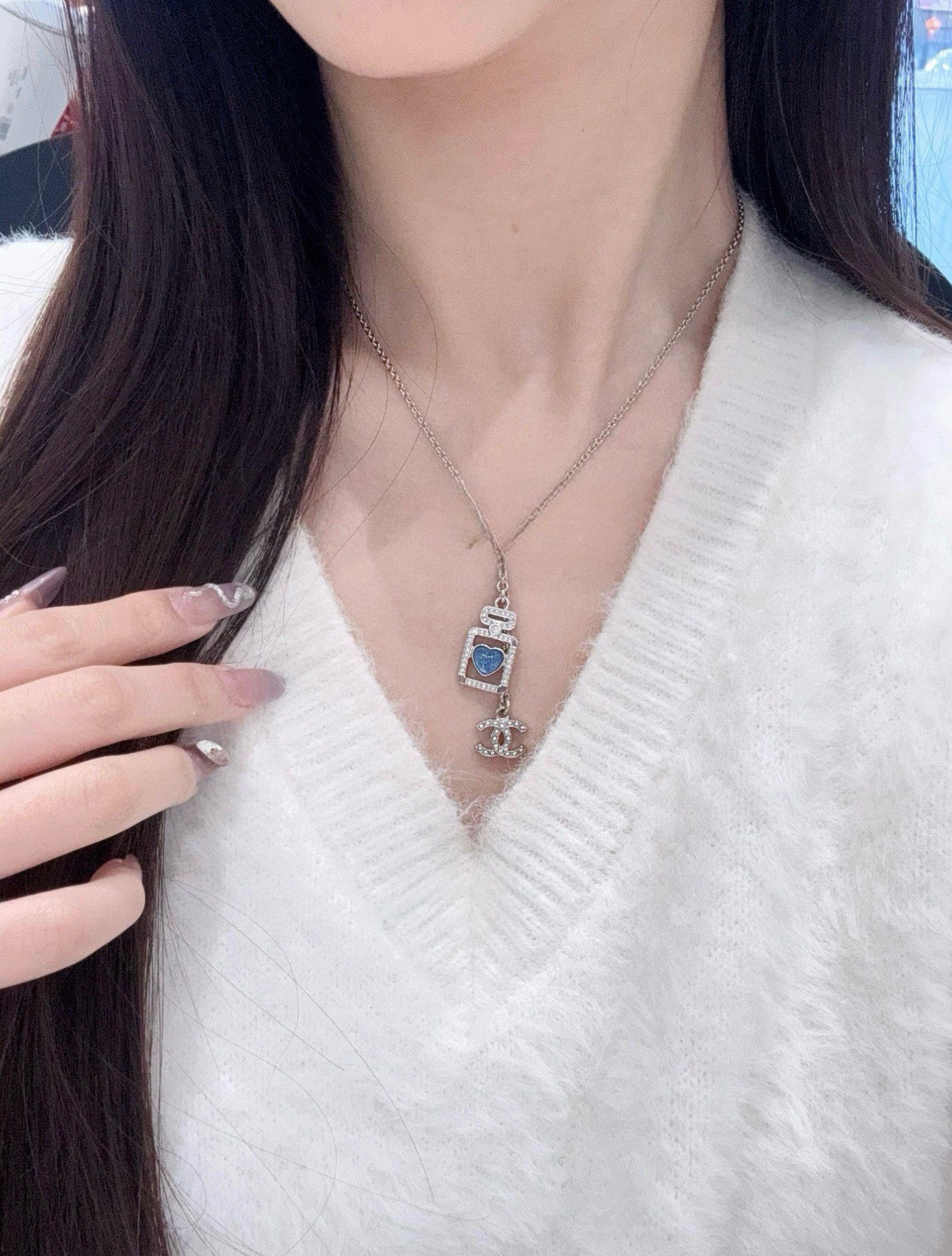 シャネル風 ブルーハート パフュームボトル ネックレス | Cロゴ タッセル リトルハート アクアマリン風 シルバー