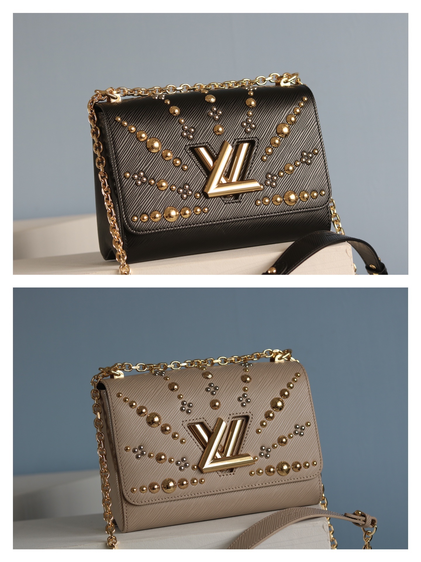 ルイ・ヴィトン TWIST DENIM MM バッグ​​ 「モノグラム旭日模様×エピ水波紋、パリ芳登広場のアイコンと共鳴する高級イブニングバッグ」