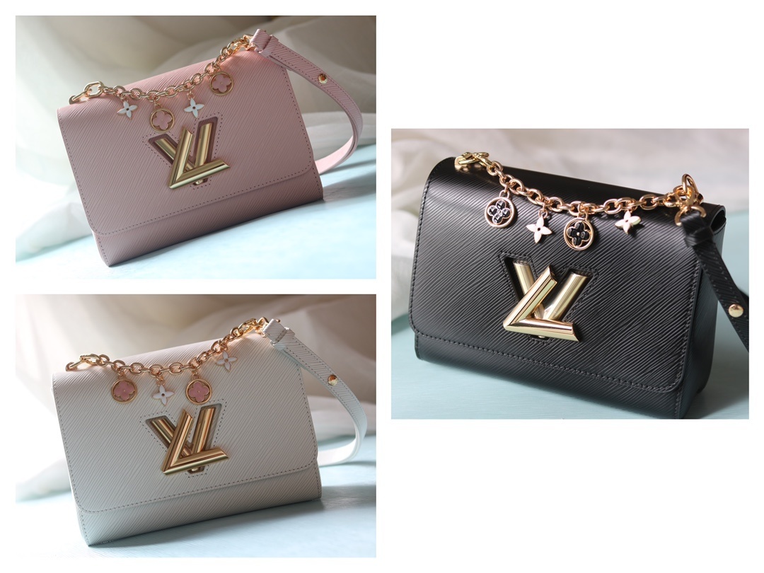 ルイ・ヴィトン TWIST MM バッグ​​ 「Epiグレインドアッシュ革×モノグラム花卉チェーン、調節可能ストラップで演出する都会の洗練美」