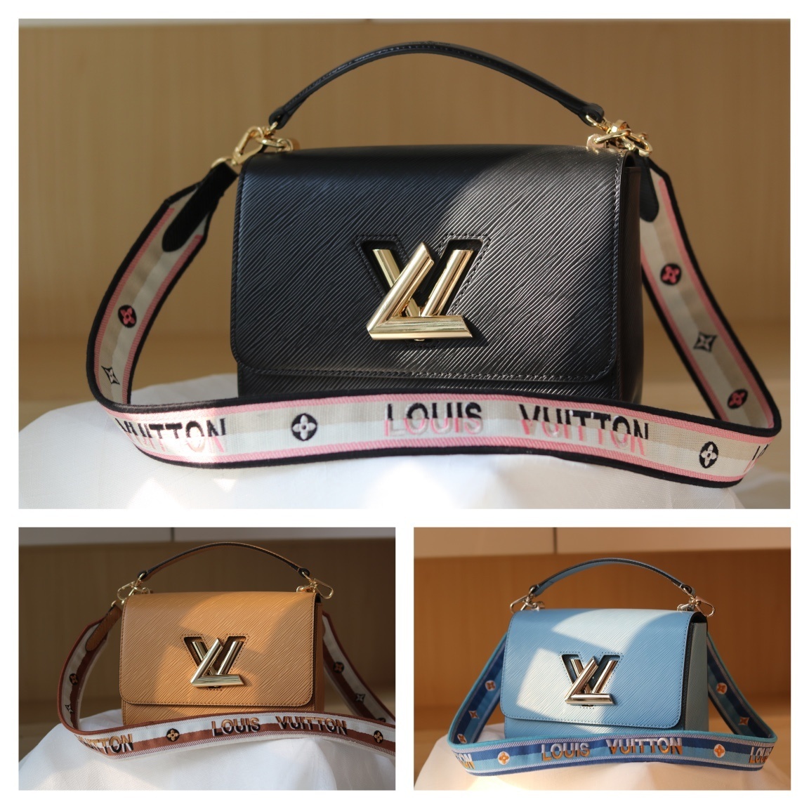Louis Vuitton Twist 中号バッグ：交換可能な広幅刺繍ストラップとモノグラム花卉デザイン、変形ロック機構搭載